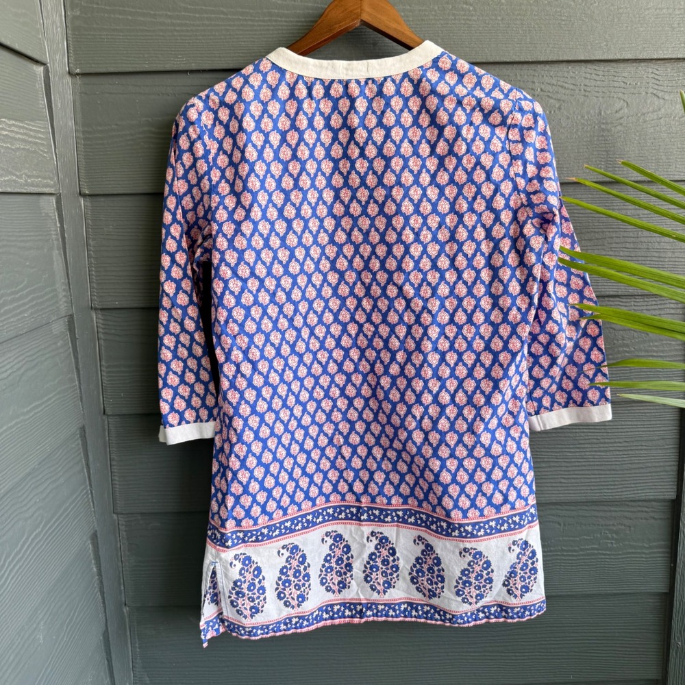 J.Crew Cotton Printed Tunic Top Blue Pink Paisley Boho 3/4 Sleeve Medium - Picture 4 of 9